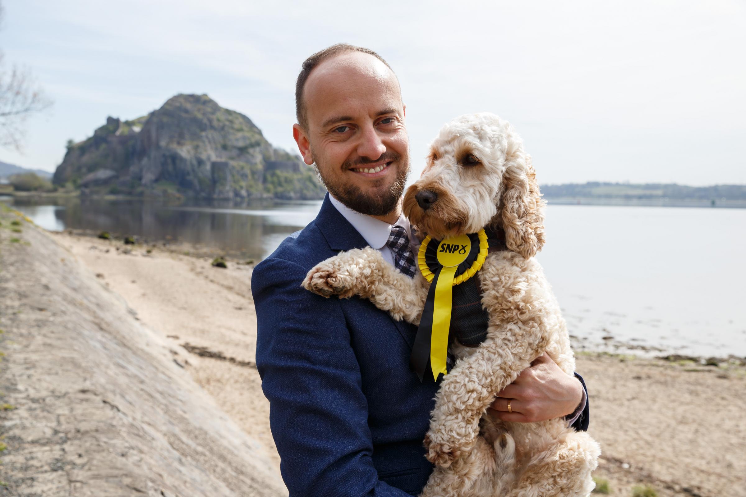  Dumbarton constituency feature ahead of the the Scottish parliament election on May 6th. Pictured is Toni Giugliano (with his dog Harris) in Dumbarton. Toni is the SNP candidate for the Dumbarton Scottish Parliament constituency. .. Photograph by Colin