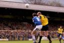 Paul Moody heads in for Oxford United in the 4-0 win at home to Peterborough United on May 4, 1996