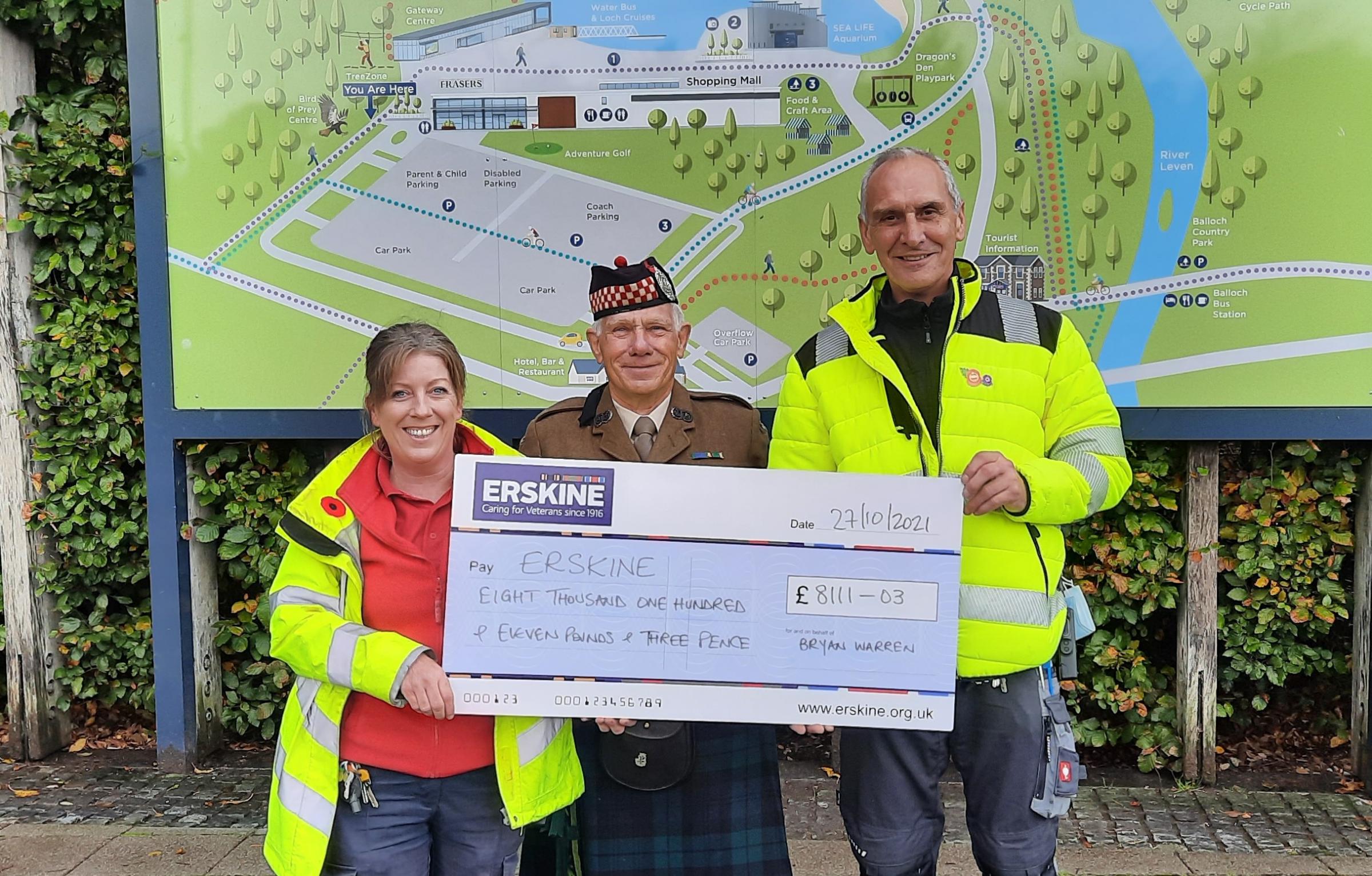 Erskine charity receives' £8,000 from Loch Lomond Shores fund-raising bagpiper