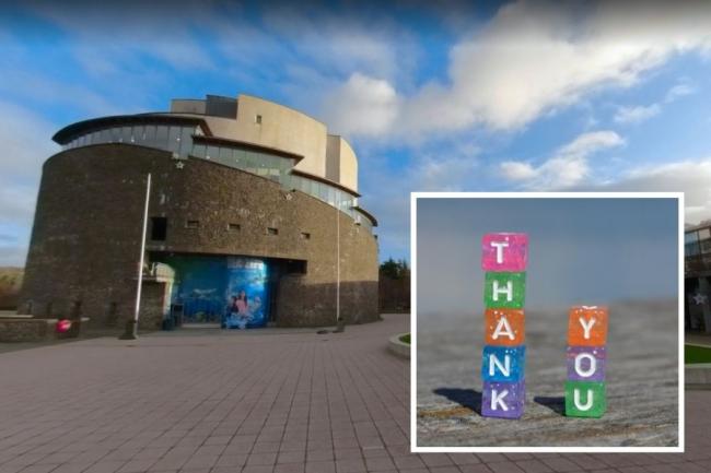 Ewan Williamson and his son Finlay are looking for the family who helped after Finlay suffered a skateboarding accident near the Loch Lomond Sea Life Centre 
(Image of Loch Lomond Sea Life Centre: Turkey Red Media)