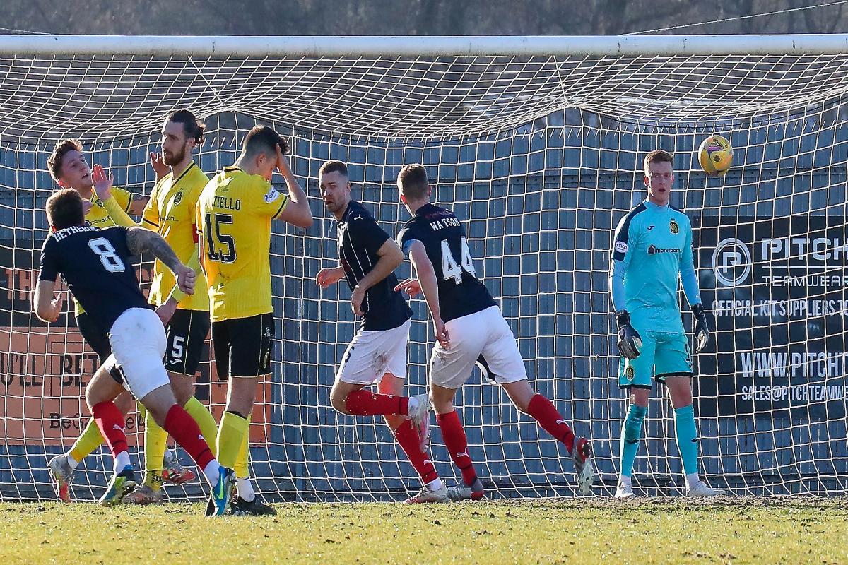 Dumbarton’s defenders hang their heads after Jaze Kabia’s early goal set Falkirk on their way to a 2-0 victory on Saturday – Sons’ fifth League One defeat in a row, and the fourth match in succession in which they’ve