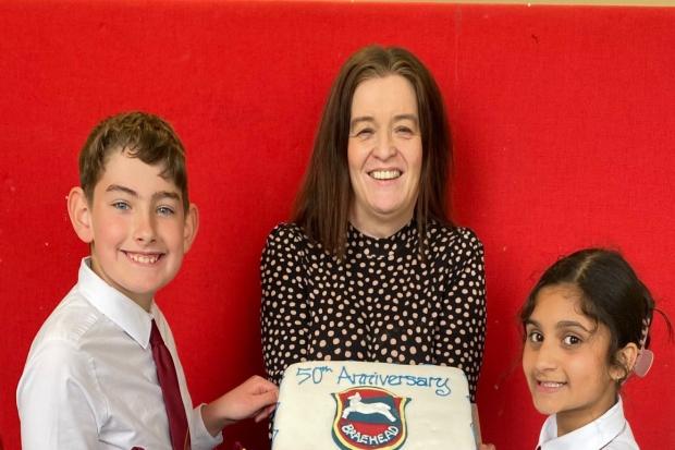 Braehead Primary head teacher Anne McFarlane celebrates with pupils