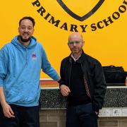 Martin Docherty-Hughes MP visiting Knoxland Primary School alongside Scottish SPCA education officer Chris